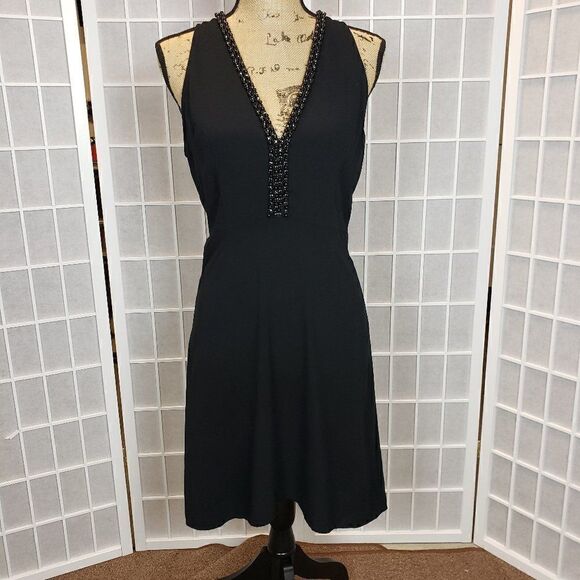 Leith Low V-Neck Beaded Front Black Mini Dress Size Medium - Picture 1 of 6